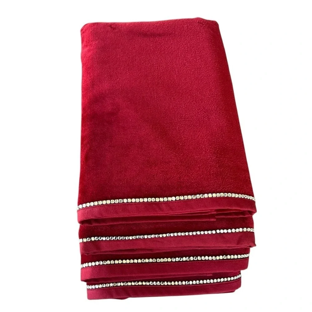 VTG Ruby Red Rhinestone 4-Piece Bath Towel Set 100% Turkish Cotton Fancy NWOT